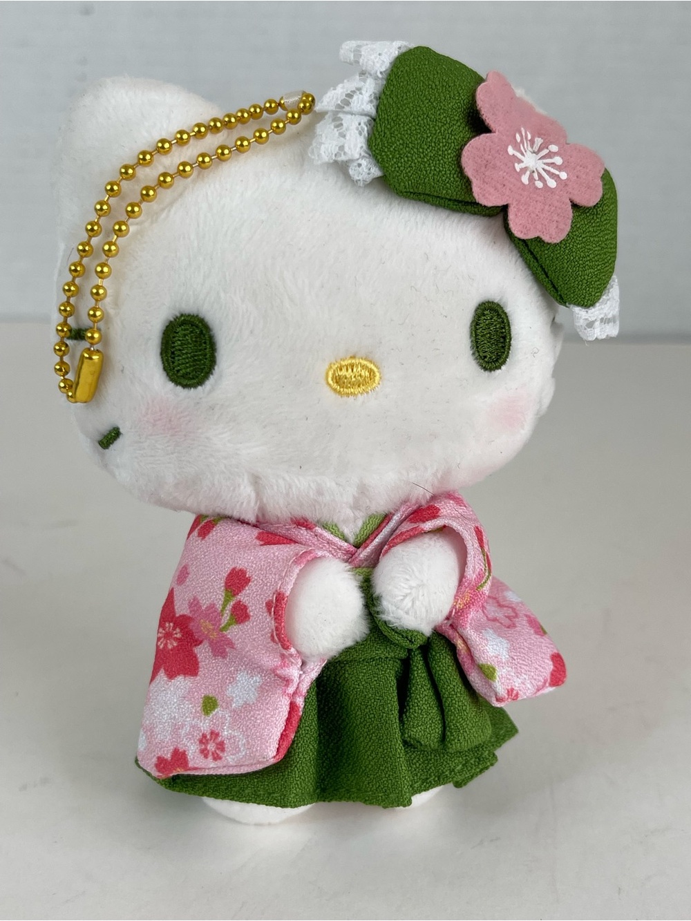 Hello Kitty Pink & Green Kimono Plush Keychain with Gold Chain